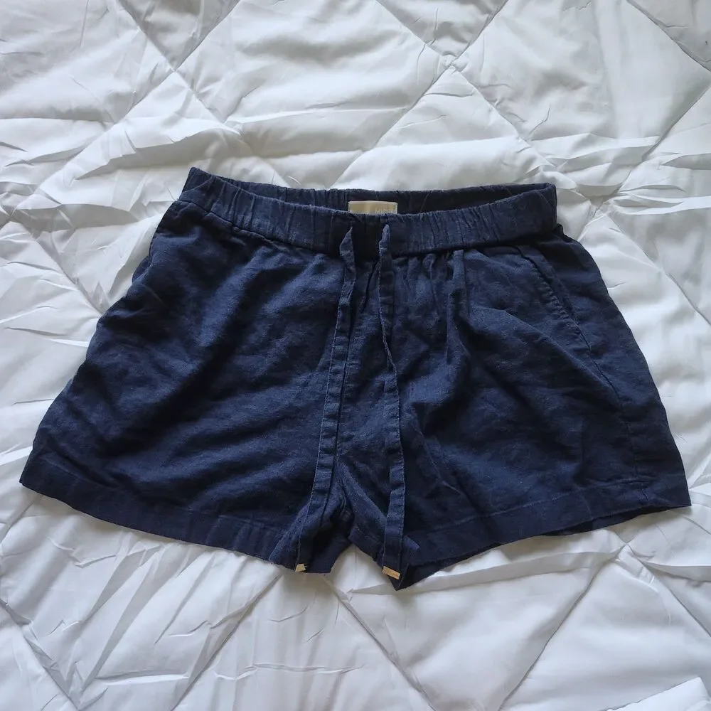 Michael Kors Navy Linen Blend Drawstring Elastic Waist Shorts Pockets Size M